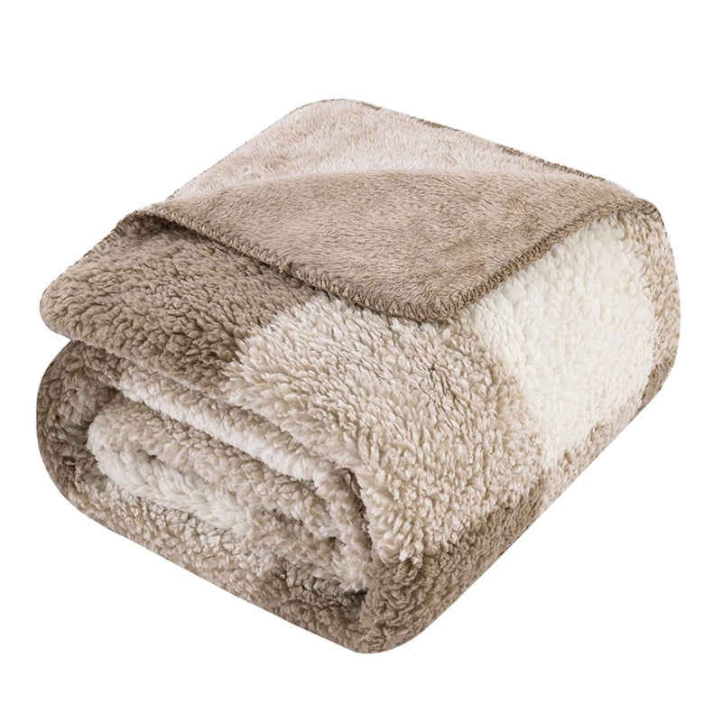 LURKA Checkered Sherpa Fleece Throw Blanket - Extra Thick and Warm Winter Soft Fuzzy Plush Blanket for Couches, Beds & Pets, Khaki, 50x60 Inches - Image 1